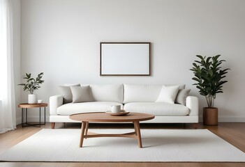 A modern, minimalist living room with a white sofa, wooden coffee table, and a blank wall with a frame.