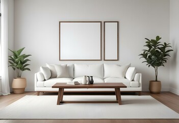 Fototapeta premium A modern, minimalist living room with a white sofa, wooden coffee table, and a blank wall with a frame.