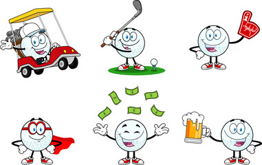 Cute Golf Ball Cartoon Mascot Character. Vector Hand Drawn Collection Set Isolated On Transparent Background