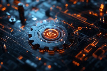 Gears icon on a circuit board. Business and industrial process automation