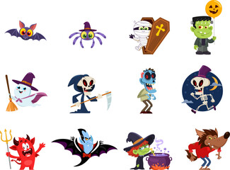 Halloween Funny Cartoon Characters. Vector Flat Design Collection Set Isolated On Transparent Background