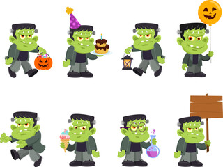 Cute Halloween Green Monster Cartoon Character. Vector Flat Design Collection Set Isolated On Transparent Background