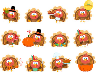 Thanksgiving Cute Baby Turkey Bird Cartoon Character. Vector Flat Design Collection Set Isolated On Transparent Background