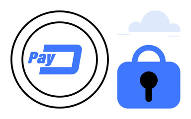 Fototapeta premium Blue lock under a cloud next to a circle with a Pay logo highlights payment security and data protection. Ideal for digital transactions, cybersecurity, encryption, online banking, cloud security