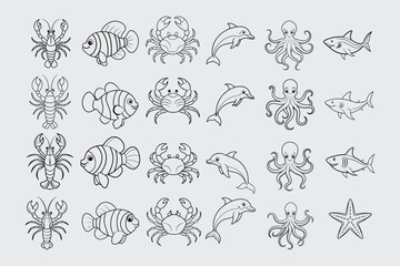 A set of sea animals vector line art design