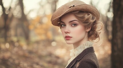 Lovely young lady in a vintage-inspired photo shoot Perfect for vintage-themed photography, using old-fashioned clothing, settings, and tones for a nostalgic effect.