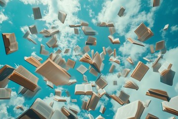 Books floating in the air with blue sky background