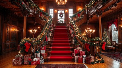 Elegant Grand Staircase Decorated for Holiday Season
