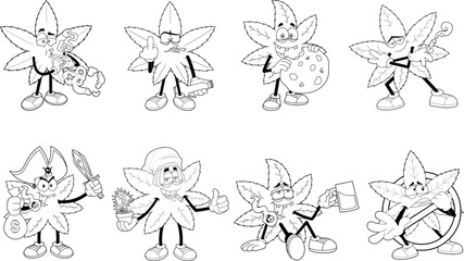 Outlined Funny Marijuana Leaf Cartoon Characters. Vector Hand Drawn Collection Set