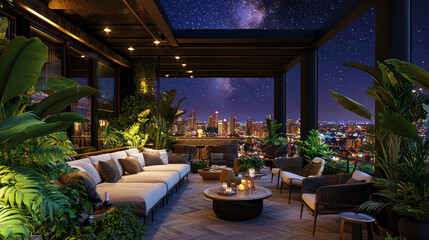 Fototapeta premium Luxurious rooftop terrace with cozy seating, lush greenery, and stunning city skyline under a starry night sky