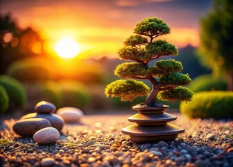 Obraz premium Tranquil Zen Garden at Sunset with Pebble Stack and Bonsai Tree - Serene Landscape Photography