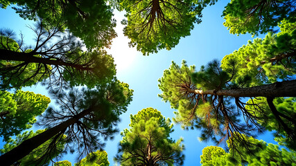 Obraz premium Looking up at the green tops of trees at the forest.