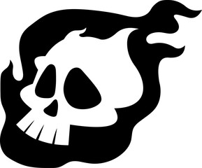 Halloween Flaming Skull Black Silhouette. Vector Hand Drawn Illustration Isolated On Transparent Background
