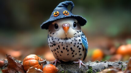 Obraz premium A cute bird wearing a witch hat surrounded by pumpkins.