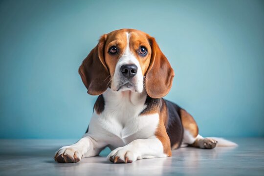 Tricoloured Beaglier Dog Relaxing on a Soft Blue Background - Adorable Canine Photography