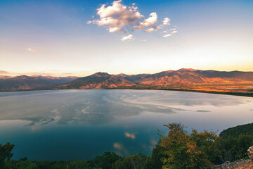 Lake Prespa Scenic View at Tripoint Border at sunset