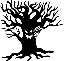 Halloween Scary Tree Monster Black Silhouette. Vector Hand Drawn Illustration Isolated On Transparent Background