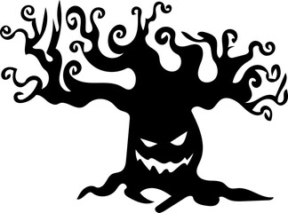 Halloween Scary Tree Monster Black Silhouette. Vector Hand Drawn Illustration Isolated On Transparent Background