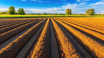 A close-up shot of a plowed field with deep, rich furrows in autumn. The freshly turned soil displays a rugged texture, perfect for agriculture.