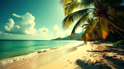 Naklejka premium Tropical sandy ocean beach with palm trees background.