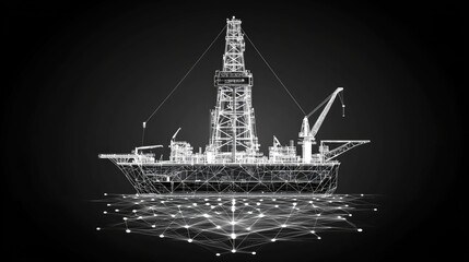Fototapeta premium A complex 3D wireframe representation of an offshore oil rig, showing the drilling process with visible external layers and invisible internal engineering components.
