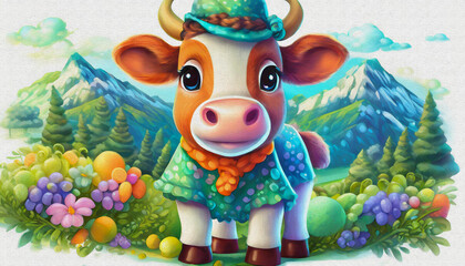 Fototapeta premium oil painting style CARTOON CHARACTER illustration CUTE BABY cow isolated on white background, top view. side front view