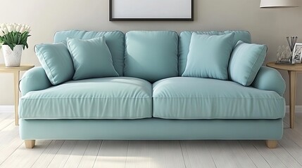 Fototapeta premium A contemporary living room with a stylish sofa, vibrant cushions, fresh flowers on a side table, and a blank poster frame as a focal point.