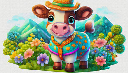 Fototapeta premium oil painting style CARTOON CHARACTER illustration CUTE BABY cow isolated on white background, top view. side front view