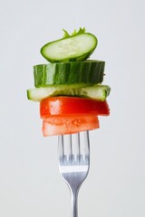 fork with fresh vegetables like cucumber, tomato, and lettuce stacked on top