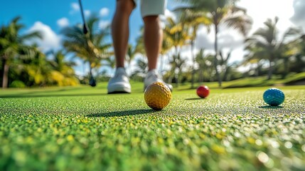 Low angle view of a golfer's feet on a putting green with golf balls.  The golfer is about to putt the yellow golf ball.