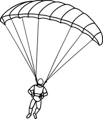 Paragliding man line drawing vector. Paraglide wing and harness for sky flights. Skydiving extreme sport. Monochrome hand drawn vector illustration isolated. Parachuting outline design. 