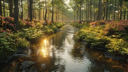 Fototapeta premium Dense forests with sunlight filtering through the trees and calm rivers.