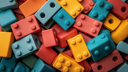 Colorful assortment of interlocking toy bricks in red, yellow, teal, and orange hues scattered randomly, suitable for creative or educational activities.