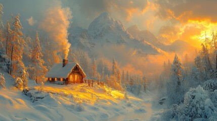 A cozy cabin nestled in a snowy landscape at sunset, surrounded by majestic mountains and soft winter light