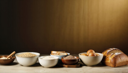 Containers full of food and spices on a wooden table