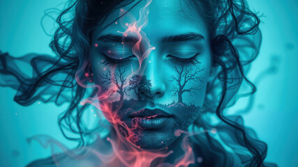 Fototapeta premium Woman face merging with forest at sunset showing connection with nature