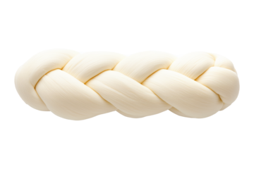 Closeup of a braided mozzarella cheese isolated on white transparent background. Concept of dairy product and culinary detail.