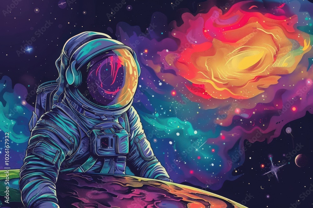 Wall mural a colorful painting of a man in a spacesuit sitting on a planet, generative ai image