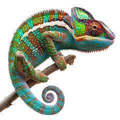 Color-changing chameleon on a branch. a chameleon perched on a branch, showcasing vibrant, color-changing scales. Isolated on a transparent background, ideal for wildlife and nature designs.