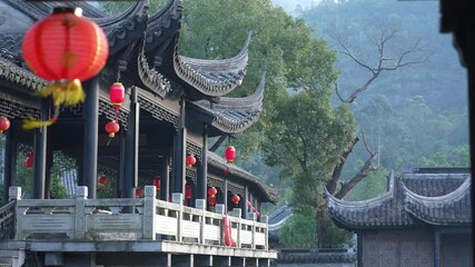 red lantern hanging  and waving in sky