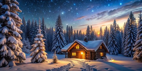 Fototapeta premium A cozy winter cabin nestled in a snowy forest offers an enchanting retreat, perfect for warm fires and peaceful relaxation amidst the serene, twilight landscape.