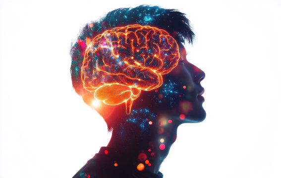 Young man profile showing brain activity glowing inside head
