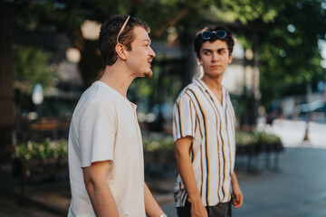 Obraz premium Two young men engage in a relaxed conversation while walking outdoors in an urban setting. The scene captures friendship and casual interaction on a sunny day.