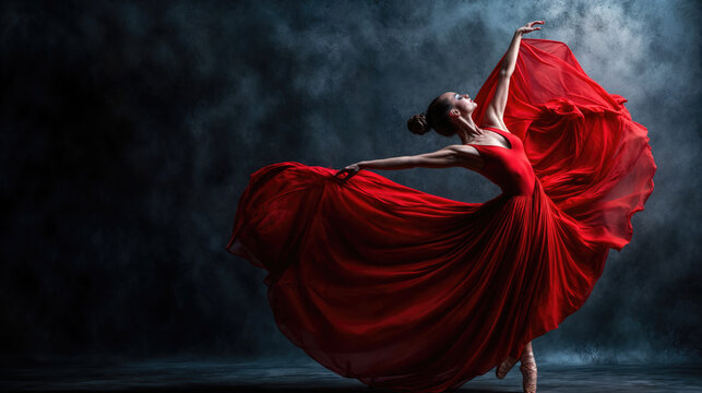 Graceful ballerina dancing in waving red dress on dark stage