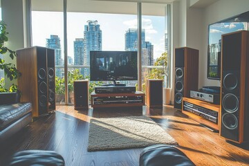 Modern Living Room with City View and Home Theater System