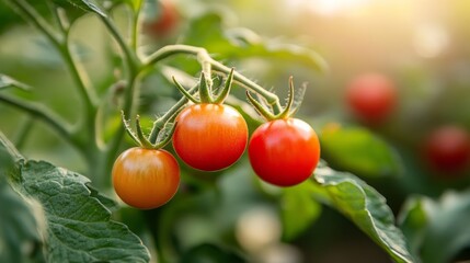 Close-up of ripe red cherry tomatoes growing on a vine in a garden.