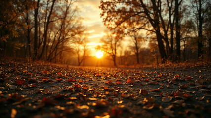 Sun shining through trees on autumnal leaves covering the ground