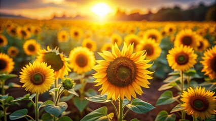 Obraz premium Vibrant Sunflower Field Under a Bright Blue Sky - Tilt-Shift Photography Effect