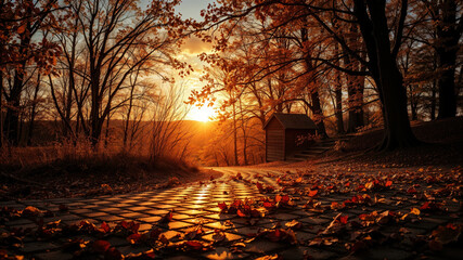 Sun shining through trees on autumnal leaves covering the ground