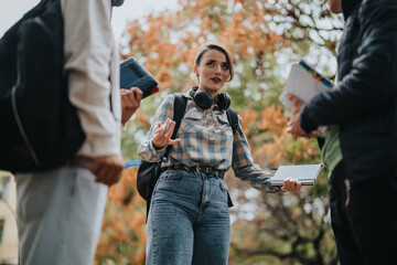 Diverse group of college students gathered outdoors, actively discussing and sharing ideas. They are holding books and wearing casual attire, emphasizing collaboration and education in a natural